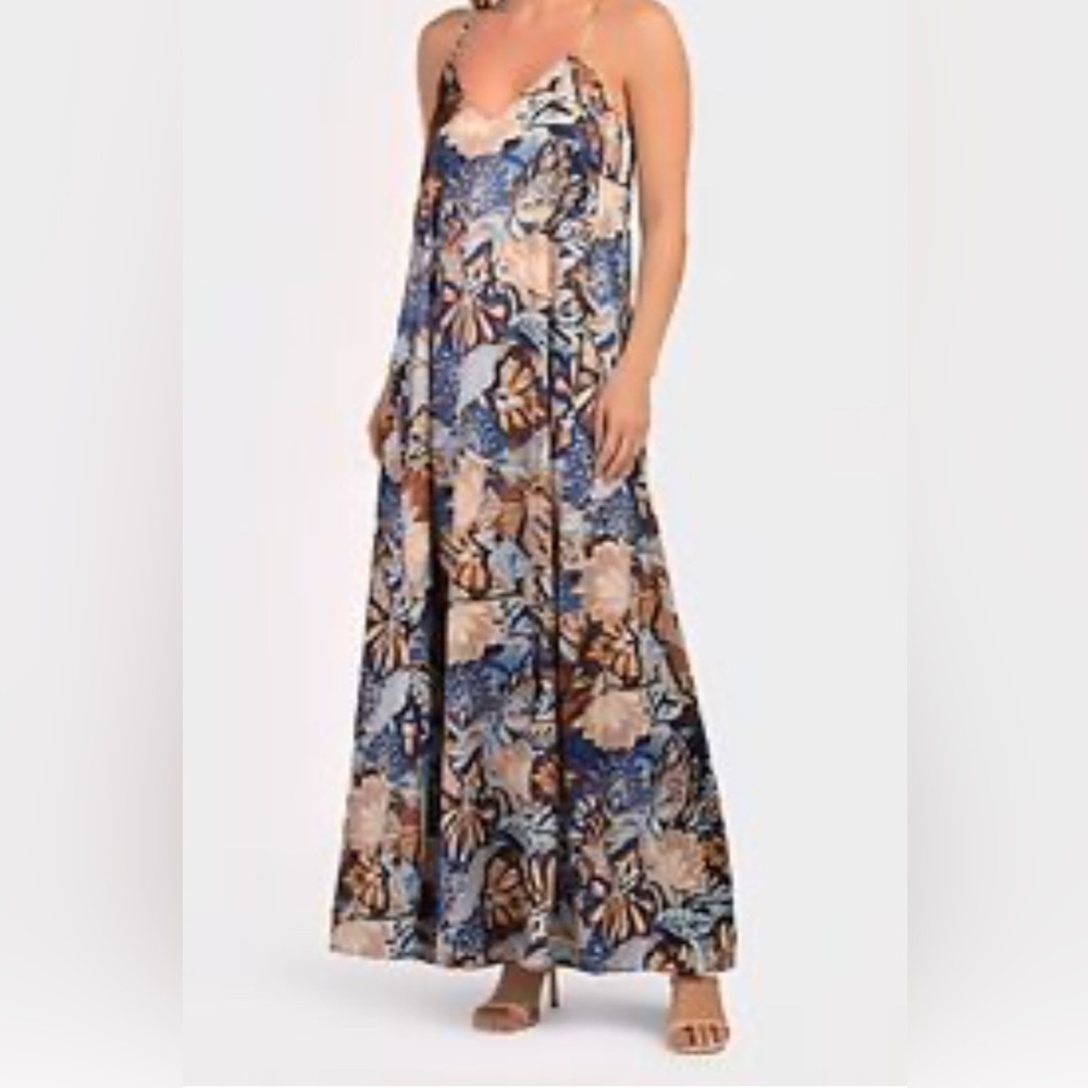 Tahari Arthur Levine Navy/Tan Floral Maxi Dress